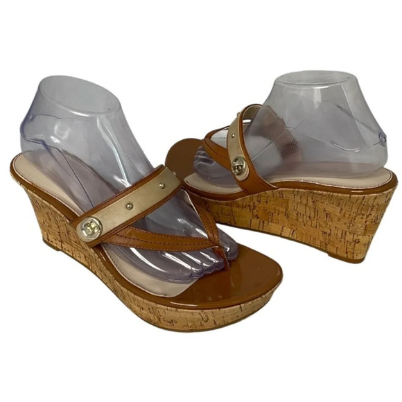MARC FISHER OReally Platform Cork Wedge Thong Sandals 2 Tone Brown Vegan 9.5 - Picture 2 of 12